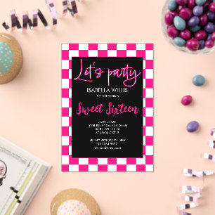 Checker hot roze wit zwart Lets party Sweet 16 Acryl Uitnodigingen