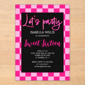 Checker licht heet roze zwart Lets party Sweet 16 Acryl Uitnodigingen (Voorkant)