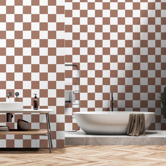 Checker vierkanten mocha bruin wit geometrische re behang (Badkamer)