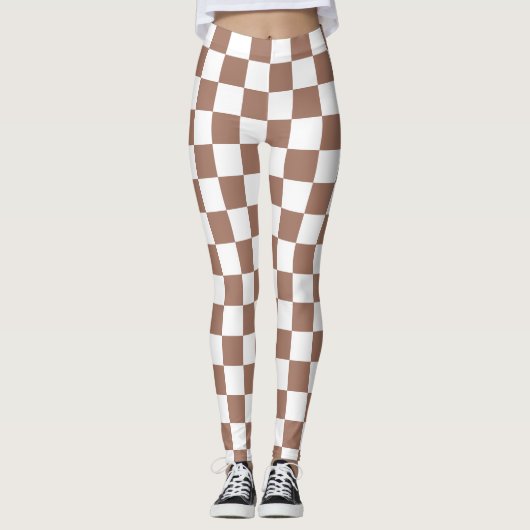 Checker vierkanten mocha bruin wit geometrische re leggings (Voorkant)