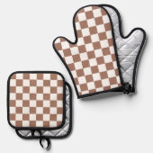 Checker vierkanten mocha bruin wit geometrische re ovenwant & pannenlap set (Voorkant / Achterkant)