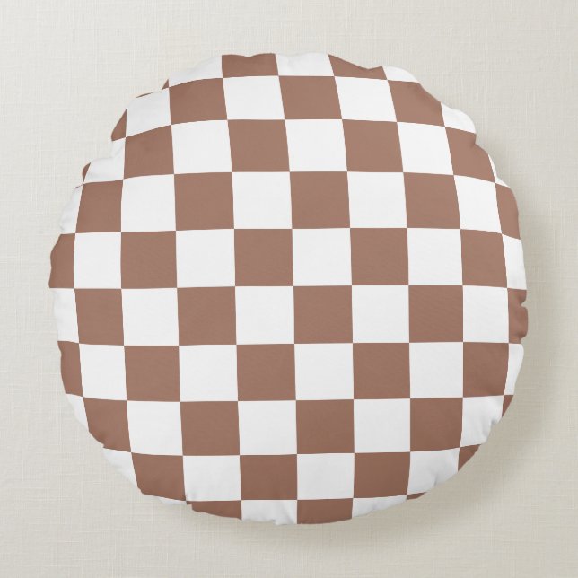 Checker vierkanten mocha bruin wit geometrische re rond kussen (Voorkant)
