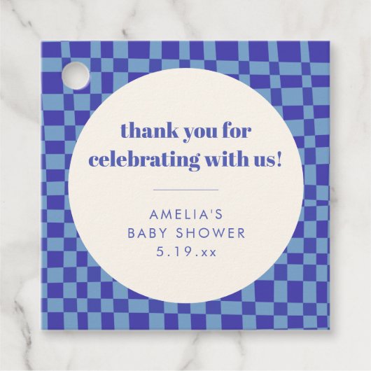 Checkerboard Blue Custom Baby Shower Thank You Bedankjes Labels (Voorkant)