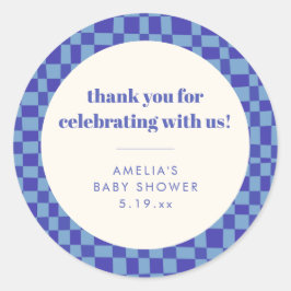 Checkerboard Blue Custom Baby Shower Thank You Ronde Sticker