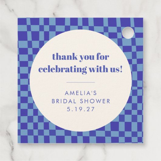 Checkerboard Blue Custom Vrijgezellenfeest Bedankt Bedankjes Labels (Achterkant)