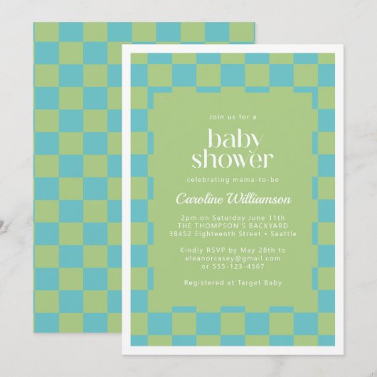 Checkerboard Checkering Blue Green Baby shower Kaart (Voorkant / Achterkant)