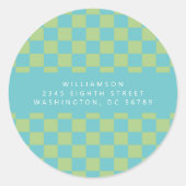 Checkerboard Gecontkerched Blue Green Return-adres Ronde Sticker (Voorkant)