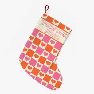 Checkerboard Harten in Roze, Sinaasappel, & Cream Kleine Kerstsok