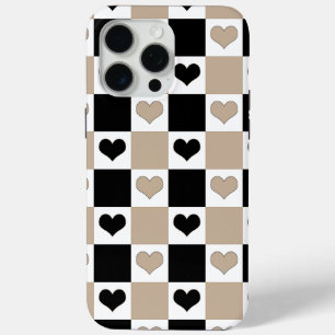 Checkerboard Harten in Taupe, Zwart en Wit iPhone 15 Pro Max Hoesje