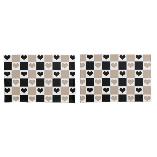 Checkerboard Harten in Taupe, Zwart en Wit Kussensloop (Voorkant-Set)