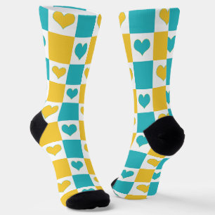 Checkerboard Harten in Turquoise en Geel Sokken