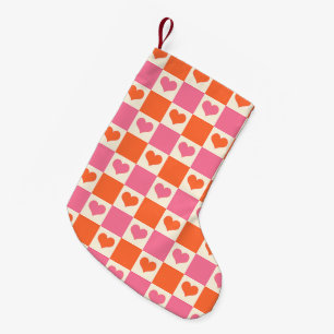 Checkerboard Hearts in roze, Sinaasappel en crème Kleine Kerstsok