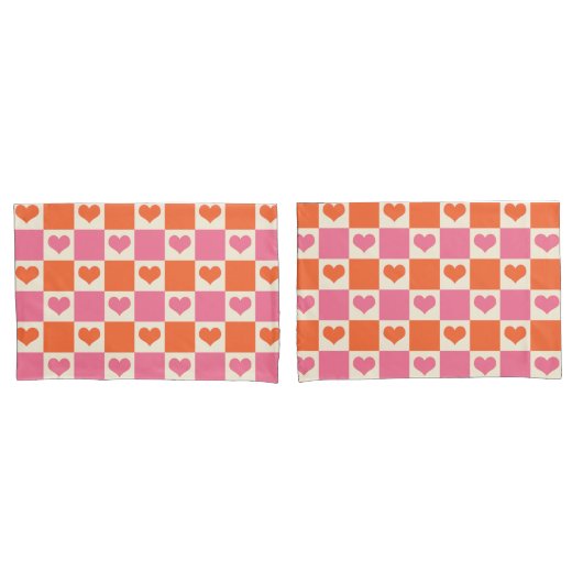 Checkerboard Hearts in roze, Sinaasappel en crème Kussensloop (Voorkant-Set)