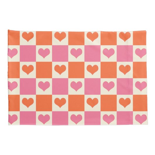 Checkerboard Hearts in roze, Sinaasappel en crème Kussensloop (Achterkant-Rechts)