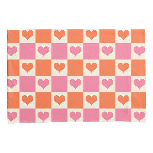 Checkerboard Hearts in roze, Sinaasappel en crème Kussensloop (Voorkant-Rechts)