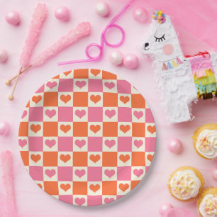 Checkerboard Hearts in roze, Sinaasappel en crème Papieren Bordje