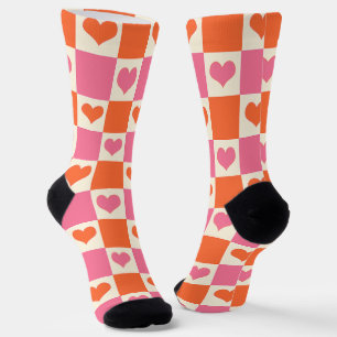 Checkerboard Hearts in roze, Sinaasappel en crème Sokken