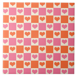 Checkerboard Hearts in roze, Sinaasappel en crème Tegeltje