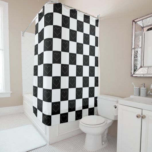 Checkerboard Hearts in zwart-wit Douchegordijn (In situ)