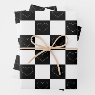 Checkerboard Hearts in zwart-wit Inpakpapier Vel