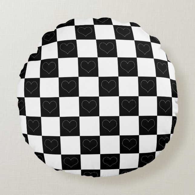 Checkerboard Hearts in zwart-wit Rond Kussen (Voorkant)