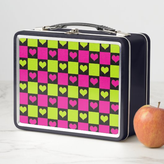Checkerboard Hearts - Lime Green, Hot Pink & Black (In situ)