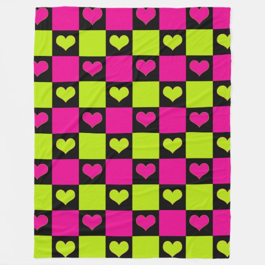 Checkerboard Hearts - Lime Green, Hot Pink & Black Fleece Deken (Voorkant)