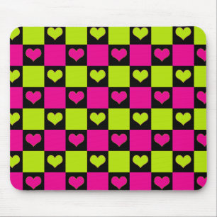 Checkerboard Hearts - Lime Green, Hot Pink & Black Muismat