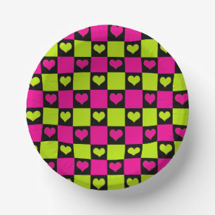 Checkerboard Hearts - Lime Green, Hot Pink & Black Papieren Kommen