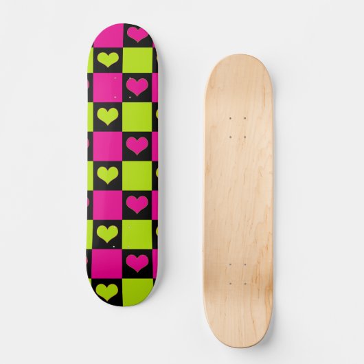 Checkerboard Hearts - Lime Green, Hot Pink & Black Persoonlijk Skateboard (Voorkant)
