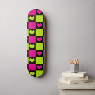 Checkerboard Hearts - Lime Green, Hot Pink & Black Persoonlijk Skateboard
