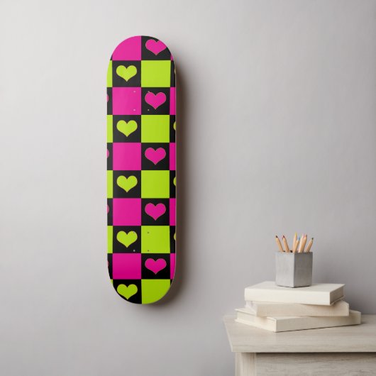 Checkerboard Hearts - Lime Green, Hot Pink & Black Persoonlijk Skateboard (Muurkunst)