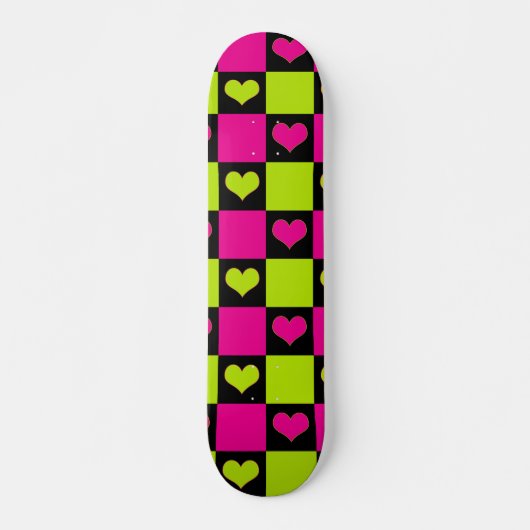Checkerboard Hearts - Lime Green, Hot Pink & Black Persoonlijk Skateboard (Voorkant)