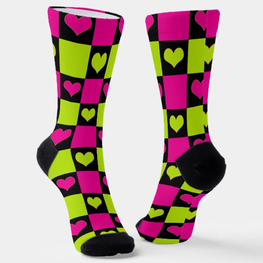 Checkerboard Hearts - Lime Green, Hot Pink & Black Sokken (Gebogen)