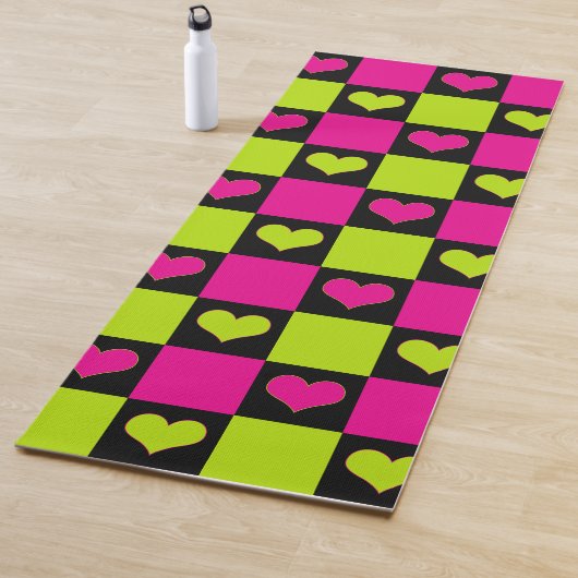 Checkerboard Hearts - Lime Green, Hot Pink & Black Yogamat (In situ)