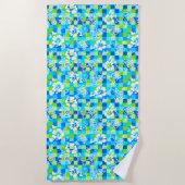 Checkerboard Hibiscus Hawaiian Floral - Turquoise Strandlaken (Voorkant)