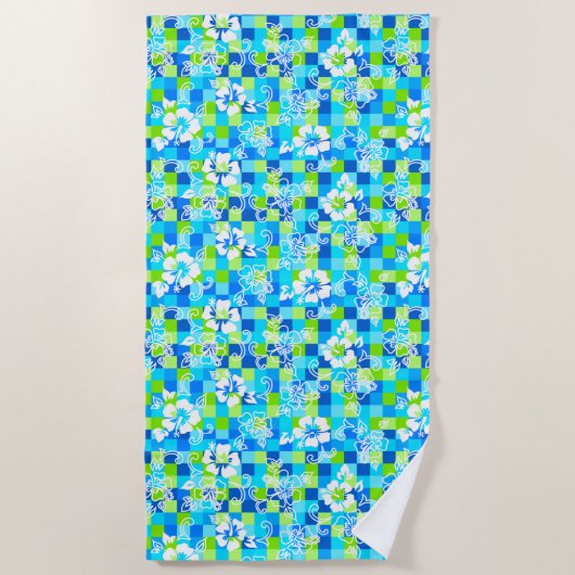 Checkerboard Hibiscus Hawaiian Floral - Turquoise Strandlaken (Voorkant)