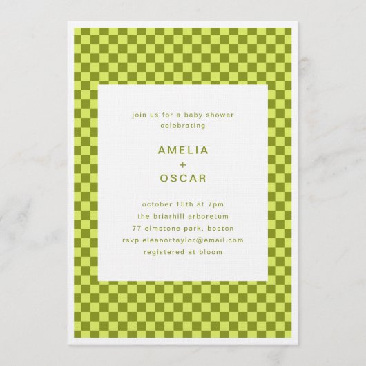 Checkerboard Lime Olive Retro Couples Baby Shower Kaart (Voorkant)