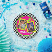 Checkerboard|Neon 80's|90's Hip Hop Verjaardagsfot Papieren Bordje (Feest)