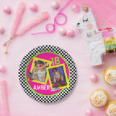 Checkerboard|Neon 80's|90's Hip Hop Verjaardagsfot Papieren Bordje (Feest)