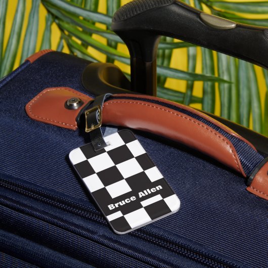 Checkerboard Patroon Zwart-wit Personaliseren Bagagelabel (Voorkant Insitu 1)