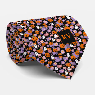 Checkerboard Pumpkin Party Halloween Monogram Stropdas