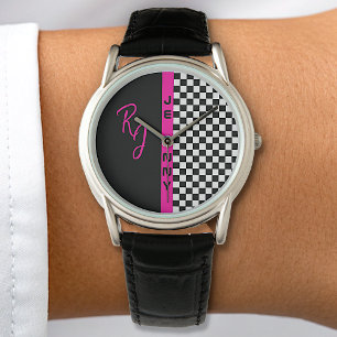 Checkerboard Racing Flag Roze Lijn Aangepaste Naam Horloge