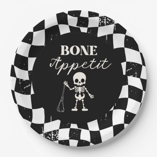 Checkerboard Retro Bad To The Bones Halloween Papieren Bordje (Voorkant)