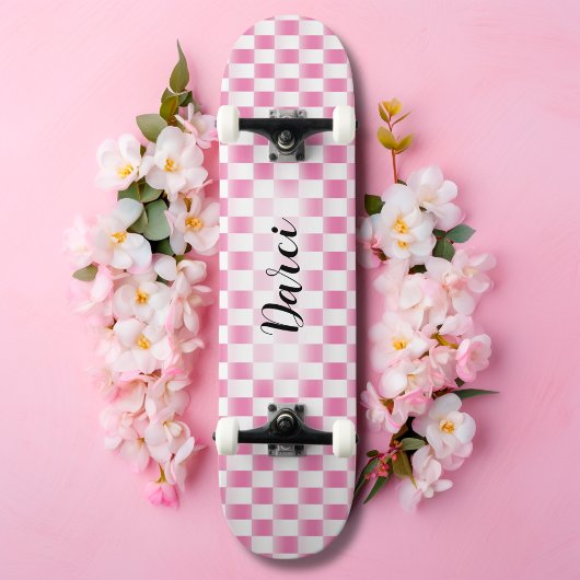 Checkerboard Roze Girly Retro Checkered Naam Persoonlijk Skateboard