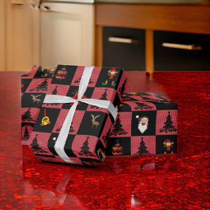 Checkerboard Santa Snowman Krans Zwart Rood Cadeaupapier