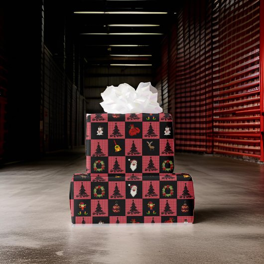 Checkerboard Santa Snowman Krans Zwart Rood Cadeaupapier