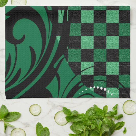 Checkerboard Swirl Patroon | Groen en zwart Theedoek (Gevouwen)