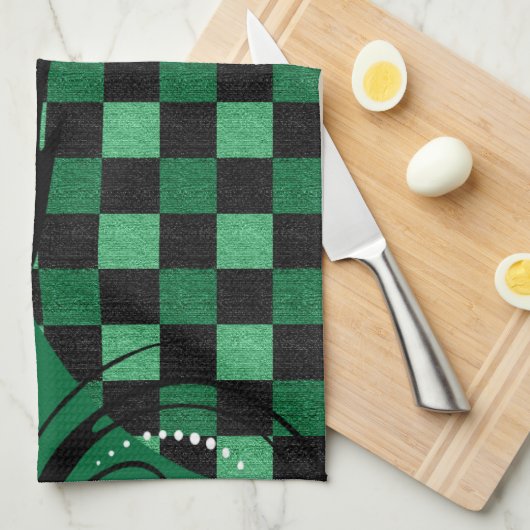 Checkerboard Swirl Patroon | Groen en zwart Theedoek (Quarter Fold)
