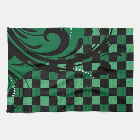 Checkerboard Swirl Patroon | Groen en zwart Theedoek (Horizontaal)